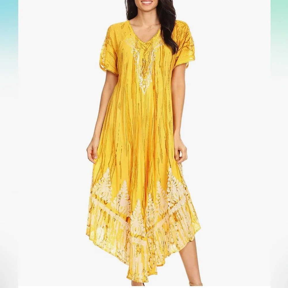 - Sakkas Women's Yellow Tie-Dye Batik Maxi Caftan Dress One Size
